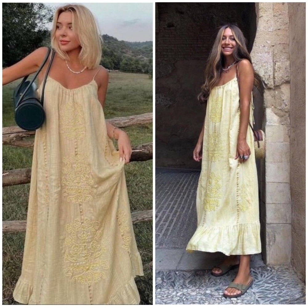 ZARA LONG EMBROIDERED MAXI DRESS Sz M Yellow Cotton Bloggers Fav Vacation Travel